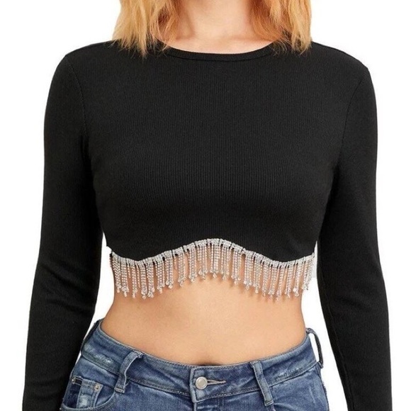 Zara Black Crop Top with Silver Beaded Fringe - Picture 2 of 11